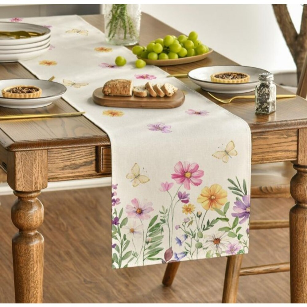Spring Table Runner 13x72in Woven Polyester Floral Butterflies NEW
